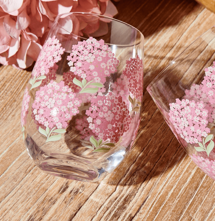Pink Hydrangea Stemless Wine Glass | Two's Company | Iris Gifts & Décor