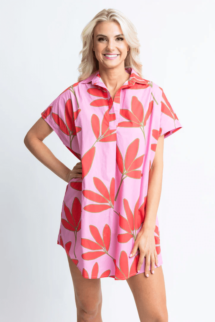 Palm Floral V-Neck Collar Shirt Dress | karlie | Iris Gifts & Décor