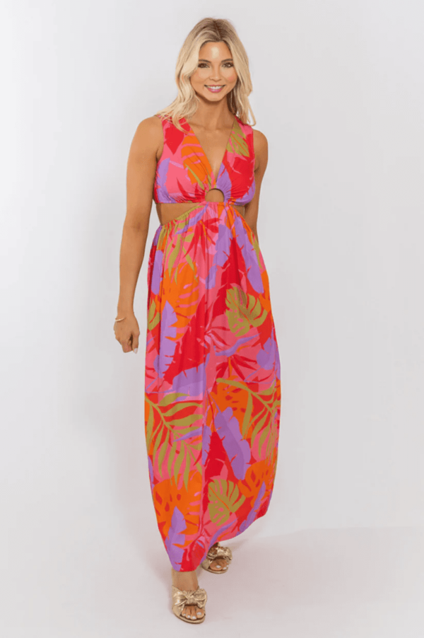 Tropical V-Neck Cut Out Maxi Dress