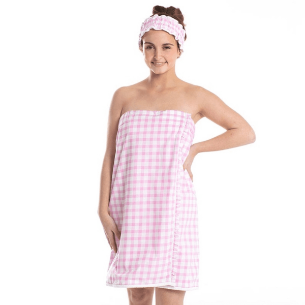 Spa Wrap & Headband Set Pink Gingham - Image 2