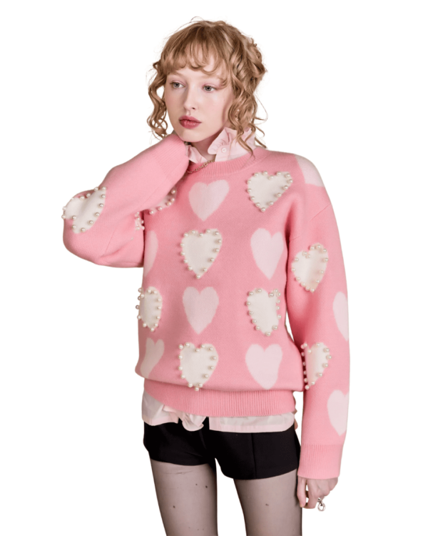 Light Pink Pearl Heart Pattern Sweater