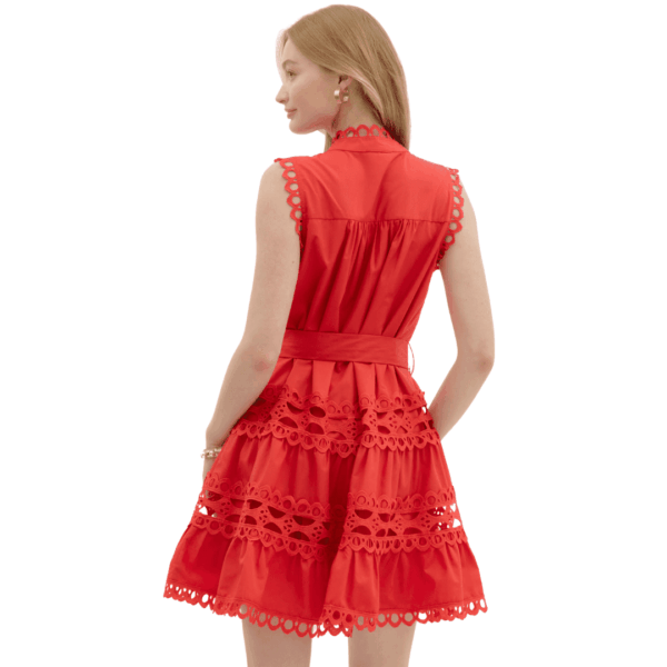 Red Lace Trim Pearl Button Mini Dress - Image 2