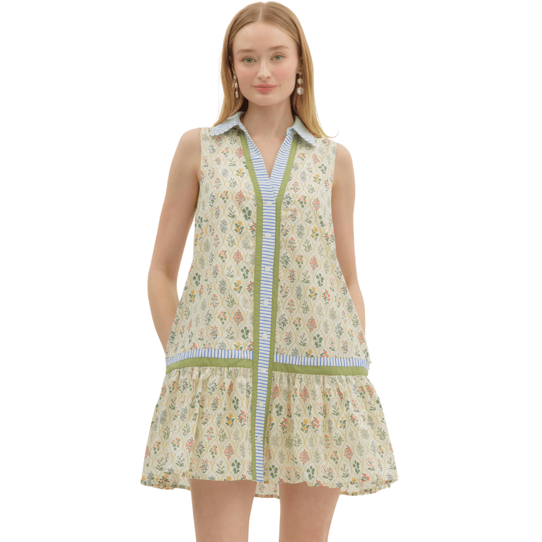 Cream Repeat Sleeveless Floral Dress | Entro | Iris Gifts & Décor