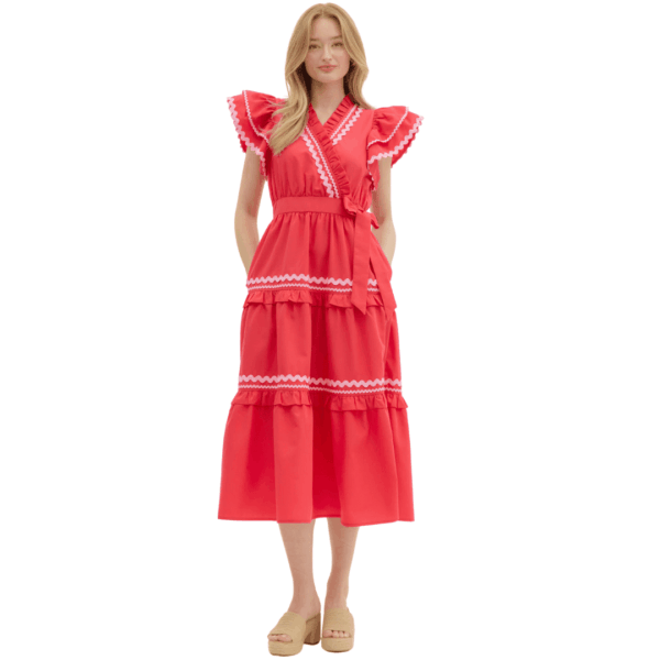 Red Ric Rac Trim Midi Dress
