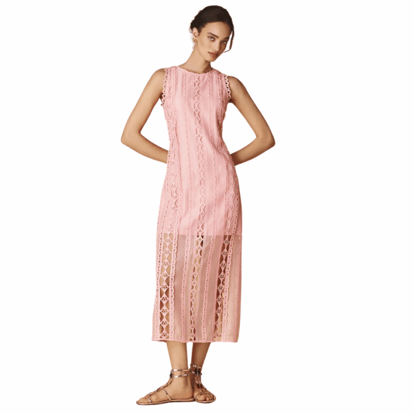 Pink Lace Tiered Midi Dress