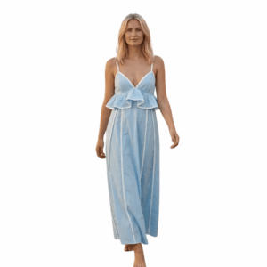 Blue and White Ruffle Binding Maxi Dress