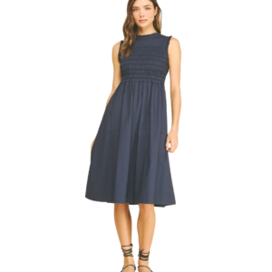 Navy Smocked Midi Dress