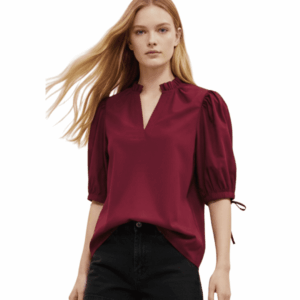 Burgundy Self-Tie Puff Sleeve Blouse