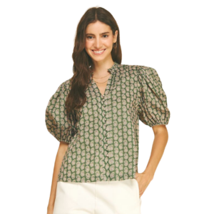 Olive and Pink Paisley Puff Sleeve Blouse