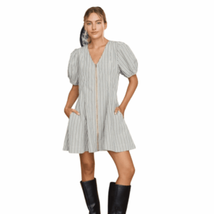 Striped Puff Sleeve Zip Mini Dress