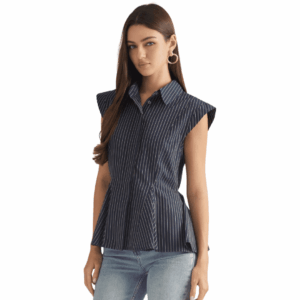 Navy Collared Peplum Striped Tank